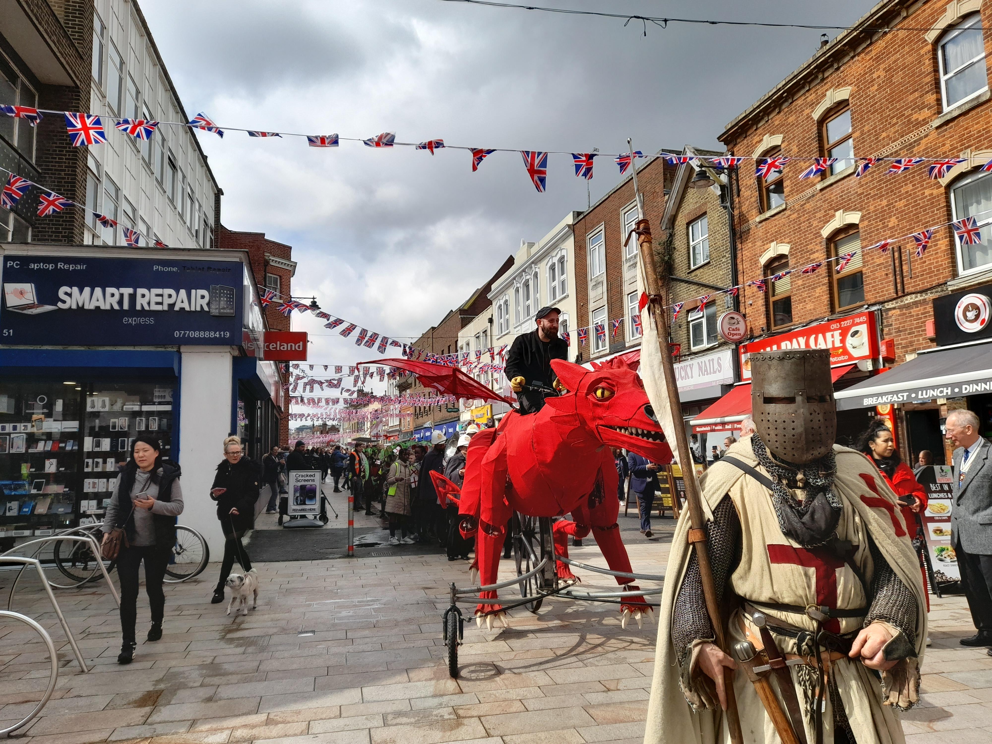 St George followed by a dragon on Dartford High Street