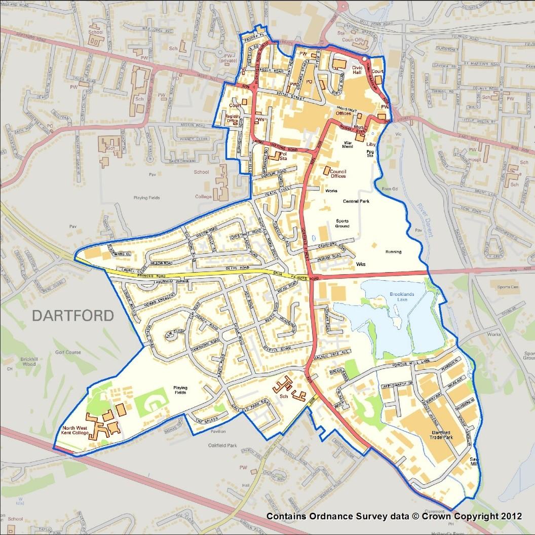 This map shows Dartford town centre highlighted as a catchment area for the Dartford Big Local grant