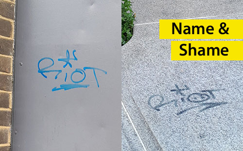 2 images side by side of graffiti on a wall with the word 'riot' written