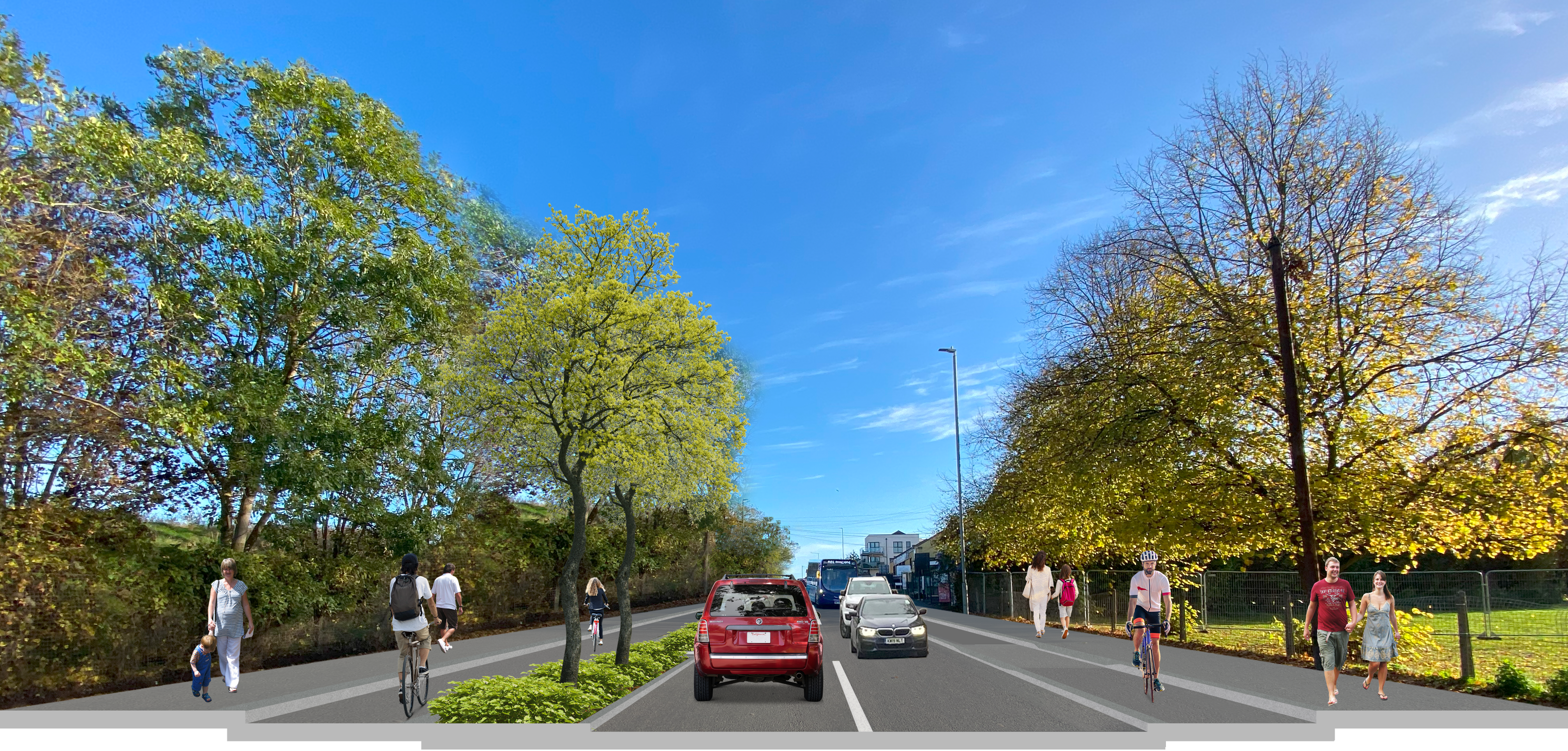 Computer Generated Image facing a road lined with trees, people walking along the path and cars driving in the road.