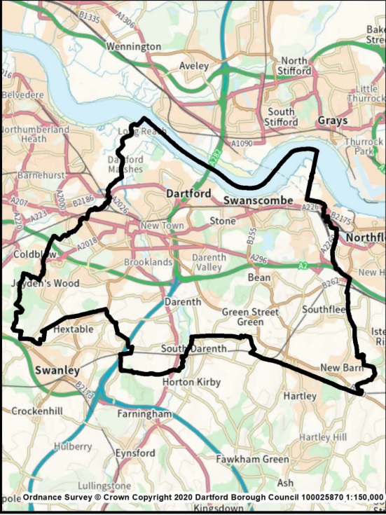 Map of Dartford highlighted in red, showing the Nuisance Vehicles PSPO area